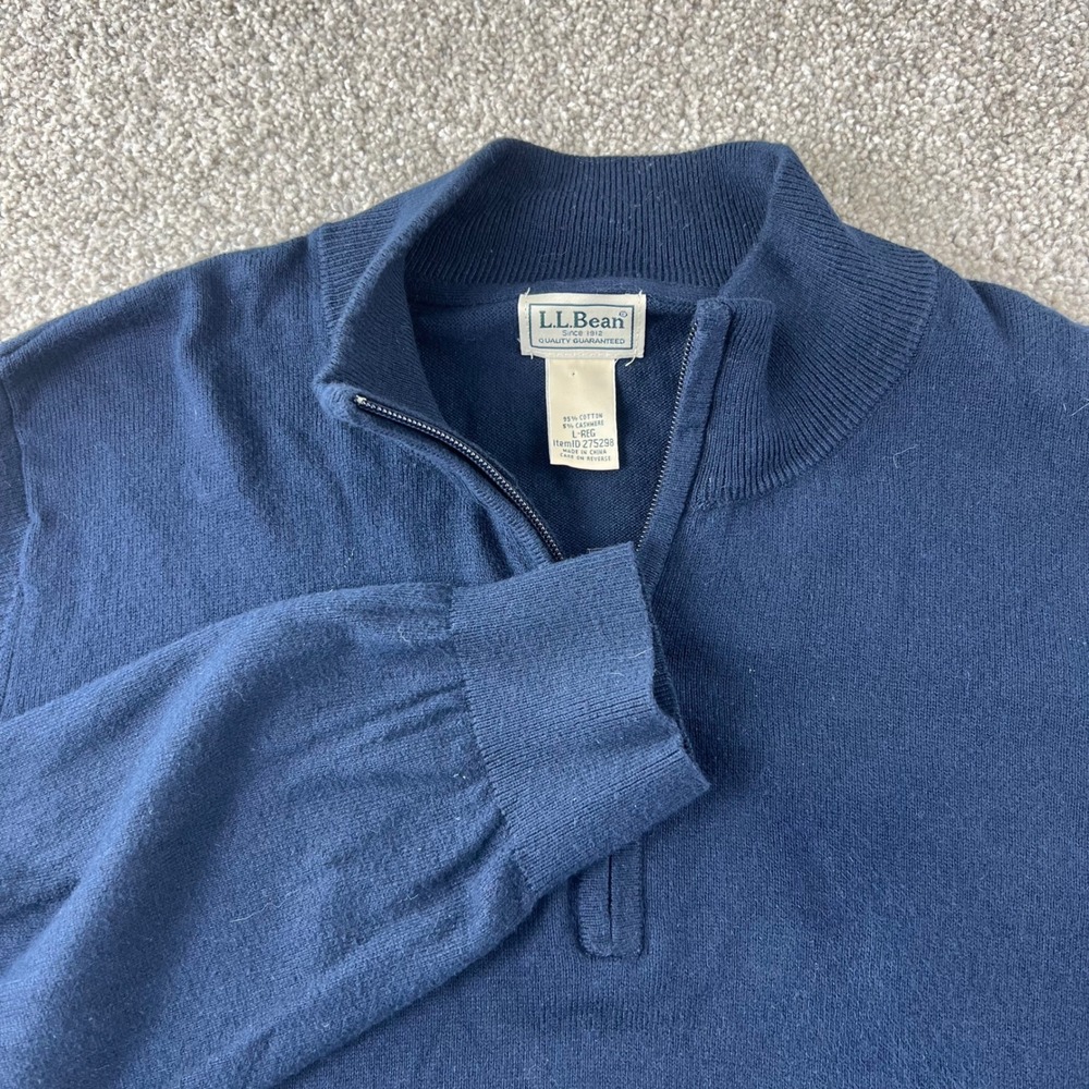 LL Bean Men Quarter Zip Pullover Sweater Cotton Cashmere Blue Career Lightweight